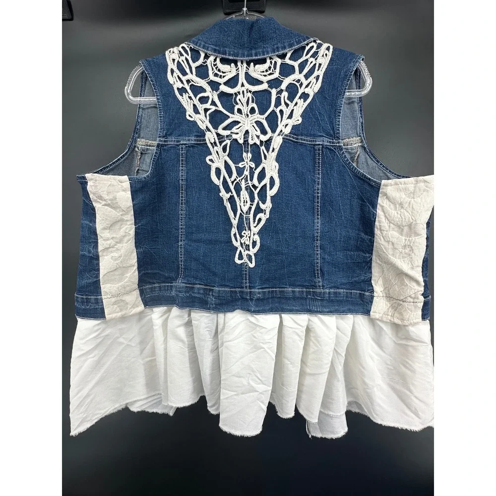 🦋 Upcycled Boho‎ Denim Vest w/ Crochet Lace Back & Ruffle Hem 🦋